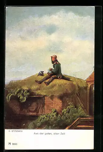 Künstler-AK Carl Spitzweg: Soldat hält auf einem Hügel Ausschau