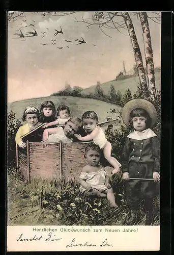 Künstler-AK Charles Scolik: Kinder auf einer Wiese, Neujahrsgruss