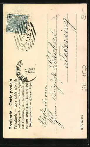 Künstler-AK Charles Scolik: Frau mit Bierkrug und Ferkeln, Neujahrsgruss