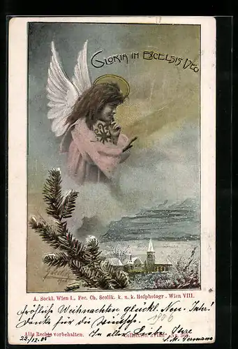 Künstler-AK Charles Scolik: Engel über einer Kirche im Winter