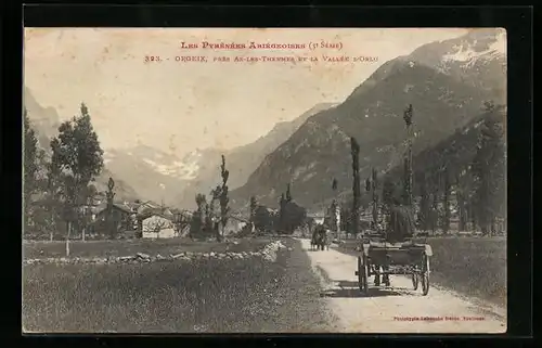 AK Orgeix, Ortseingang mit Landstrasse und Kutschen