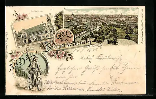 Lithographie Braunschweig, Stadtansicht und Lustiger Radfahrer