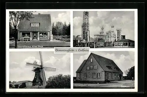 AK Hemmingstedt i. Holstein, Gasthaus, Windmühle und Deutsche Erdöl