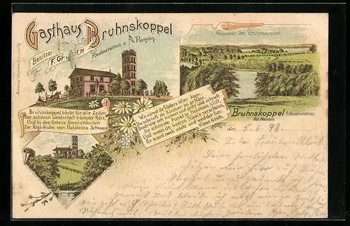 Lithographie Bruhnskoppel b. Gremsmühlen, Gasthaus Bruhnkoppel, Restauration und Pension