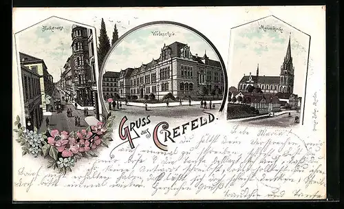 Lithographie Crefeld, Webschule, Hochstrasse und Marienkirche