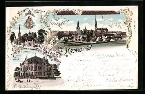 Lithographie Kevelaer, Gnadenkapelle, Marienhospital, Ortsansicht