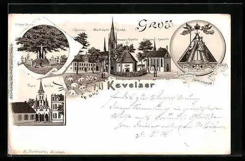Lithographie Kevelaer, Wallfahrtskirche, Pfarrkirche und Kerzenkapelle