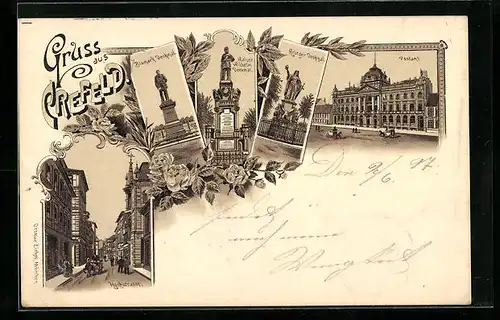 Lithographie Crefeld, Krieger-Denkmal, Bismarck-Denkmal, Postamt