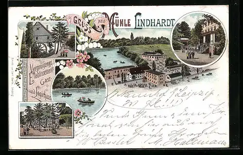 Lithographie Naunhof, Gasthaus Mühle Lindhardt