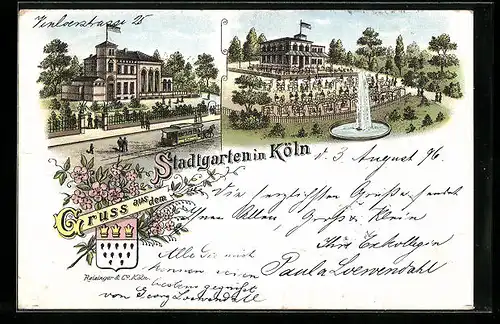 Lithographie Köln-Neustadt, Gruss aus dem Kölner Stadtgarten, Gartenpartien