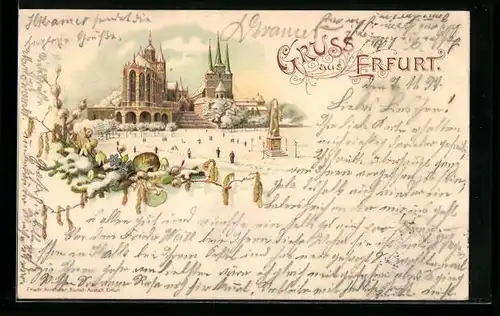 Lithographie Erfurt, Winterlandschaft mit Dom