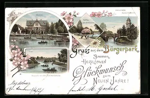 Lithographie Bremen, Bürgerpark, Meierei und Aussichtsturm