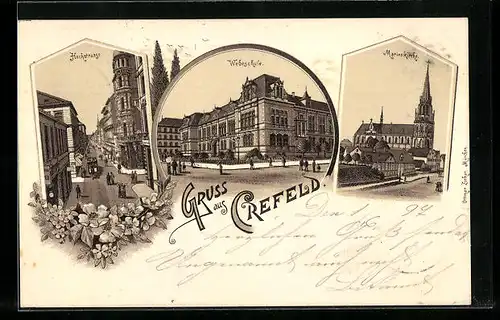 Lithographie Crefeld, Marienkirche, Webschule und Hochstrasse