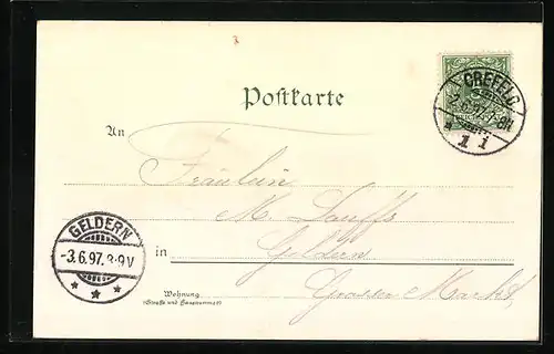 Lithographie Crefeld, Marienkirche, Webschule und Hochstrasse