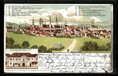 Lithographie Zittau, Ortsansicht mit St. Johanniskirche, Closter Kirche zu St. Petri u. Pauli, Rathhaus
