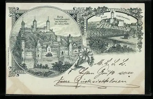 Lithographie Halle /Saale, Ruine Giebichenstein