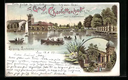 Lithographie Leipzig-Lindenau, Gasthaus Charlottenhof, Ruderboote