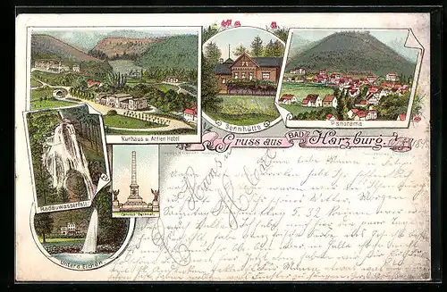 Vorläufer-Lithographie Harzburg, 1895, Sennhütte, Kurhaus und Actien Hotel, Panorama, Unter den Eichen
