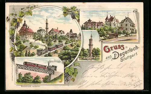 Lithographie Degerloch-Stuttgart, Viadukt, Gasthäuser