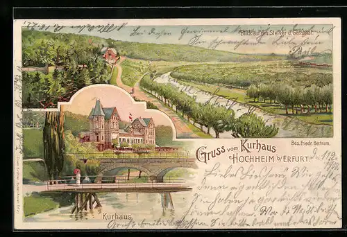 Lithographie Hochheim bei Erfurt, Kurhaus Hochheim, Flusspartie