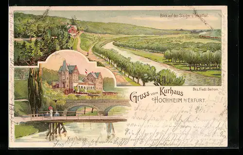 Lithographie Hochheim bei Erfurt, Blick auf den Steiger und Gerathal, Kurhaus