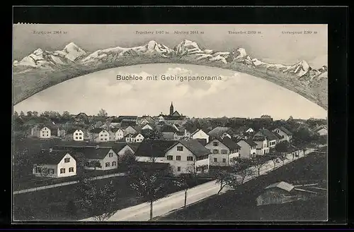 AK Buchloe, Ortsansicht mit Landstrasse und Gebirgspanorama
