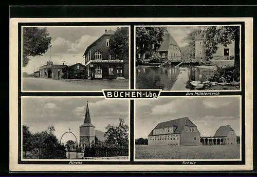 AK Büchen /Lbg., Einhorn-Drogerie und Flachdachgebäude, Mühlenteich, Schule