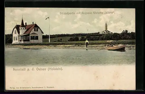 AK Neustadt /Ostsee, Strandpartie mit Auguste Victoria Warte und Kirche