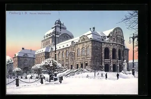 AK Freiburg i. B., Neues Stadttheater im Schnee