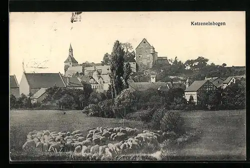 AK Katzenelnbogen, Schafsherde vor dem Ort