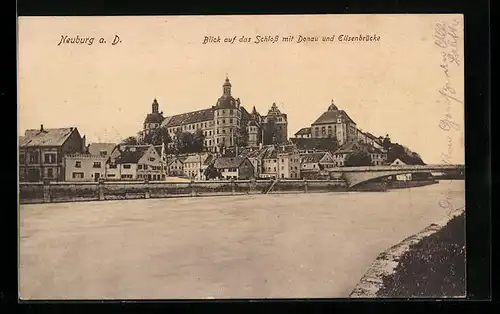 AK Neuburg a. D., Blick auf das Schloss mit Donau und Elisenbrücke