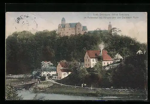 AK Rochsburg, Muldenthal, Blick auf Schloss Gräfl. Schönburg, Hängebrücke über Zwickauer Mulde