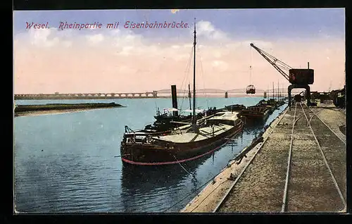 AK Wesel, Rheinparie mit Eisenbahnbrücke