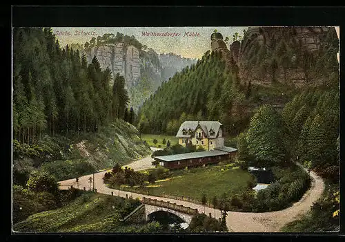 AK Walthersdorf, Sächs. Schweiz, Blick auf die Walthersdorfer Mühle