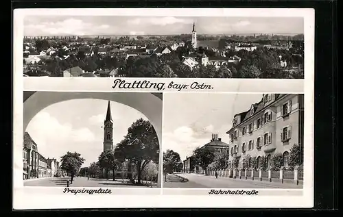 AK Plattling, bayr. Ostm., Preysingplatz und Bahnhofstrasse