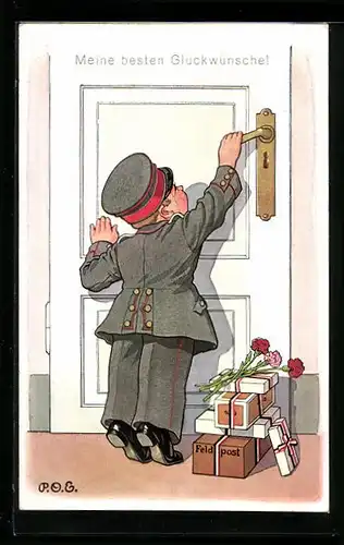 Künstler-AK P. O. Engelhard (P.O.E.): Kleiner Soldat mit Paketen an der Tür, Glückwunsch