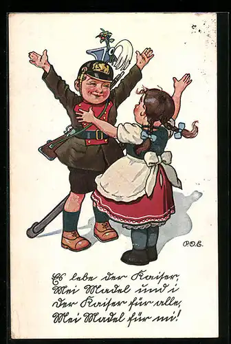 Künstler-AK P. O. Engelhard (P.O.E.): Kleiner Soldat mit einem Mädchen