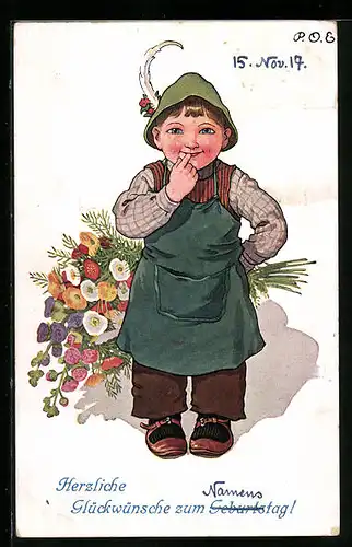 Künstler-AK P. O. Engelhard (P.O.E.): Junge mit Blumen, Glückwunsch zum Namenstag