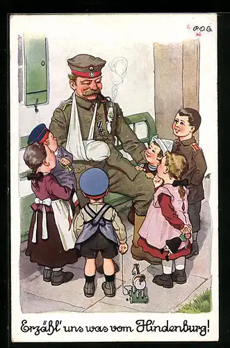 Künstler-AK P. O. Engelhard (P.O.E.): Erzähl` uns was von Hindenburg, Verletzter Soldat mit Kindern