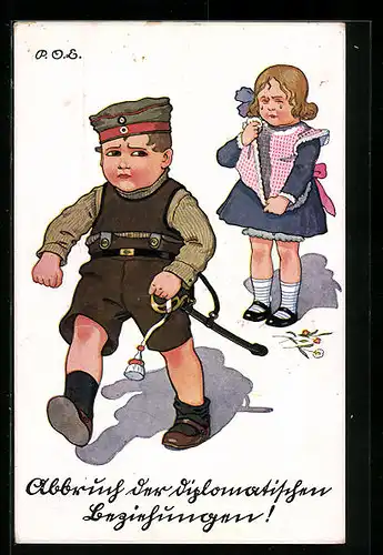 Künstler-AK P. O. Engelhard (P.O.E.): Kleines Soldat und weinendes Mädchen