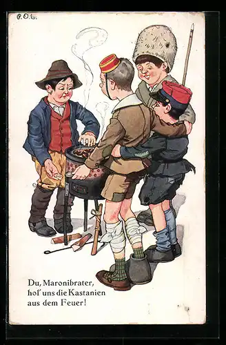 Künstler-AK P. O. Engelhard (P.O.E.): Kleine Soldaten beim Maroniberater