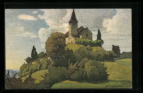 Künstler-AK Ernst E. Schlatter: Büsingen, Alte Kirche