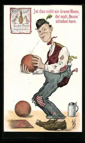 Künstler-AK Willi Scheuermann: Mann spuckt auf eine Bowlingkugel