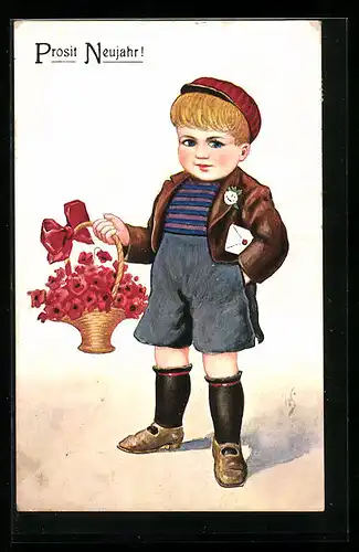 Künstler-AK Willi Scheuermann: Junge mit Blumenkorb und Brief, Neujahrsgruss
