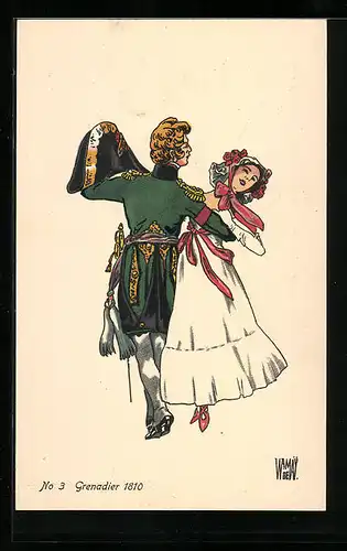 Künstler-AK sign. Wr. de May: Schweizer Grenadier tanzt mit Frau, 1810