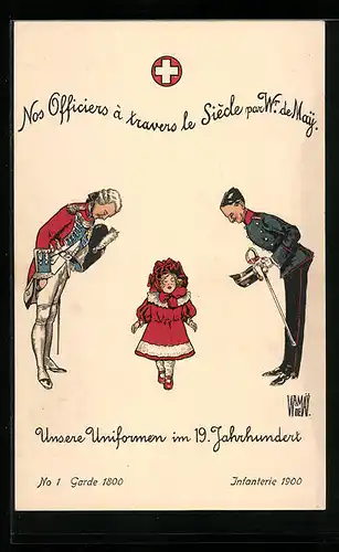 Künstler-AK sign. Wr. de May: Schweizer Soldat in Uniform mit Mädchen