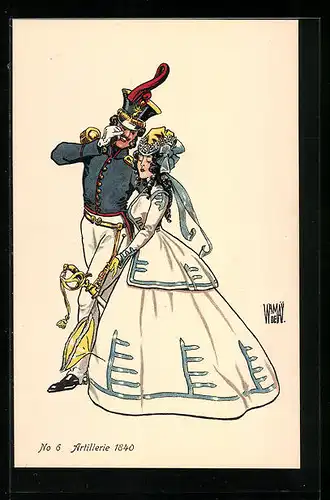 Künstler-AK sign. Wr. de May: Bern, Schweiz. Landes-Ausstellung 1914, Schweizer Artillerie-Soldat mit Frau 1840