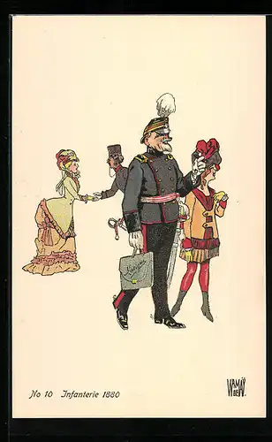 Künstler-AK sign. Wr. de May: Schweizer Infanterie-Soldat mit Fräulein, 1880
