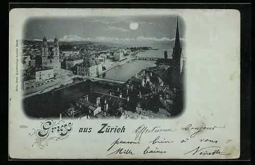 Mondschein-AK Zürich, Teilansicht mit Limmat