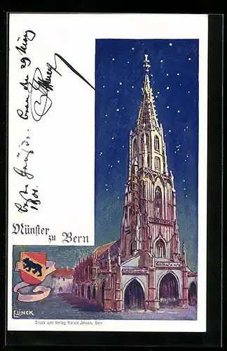 Lithographie Bern, Münster in sternen klarer Nacht, Wappen